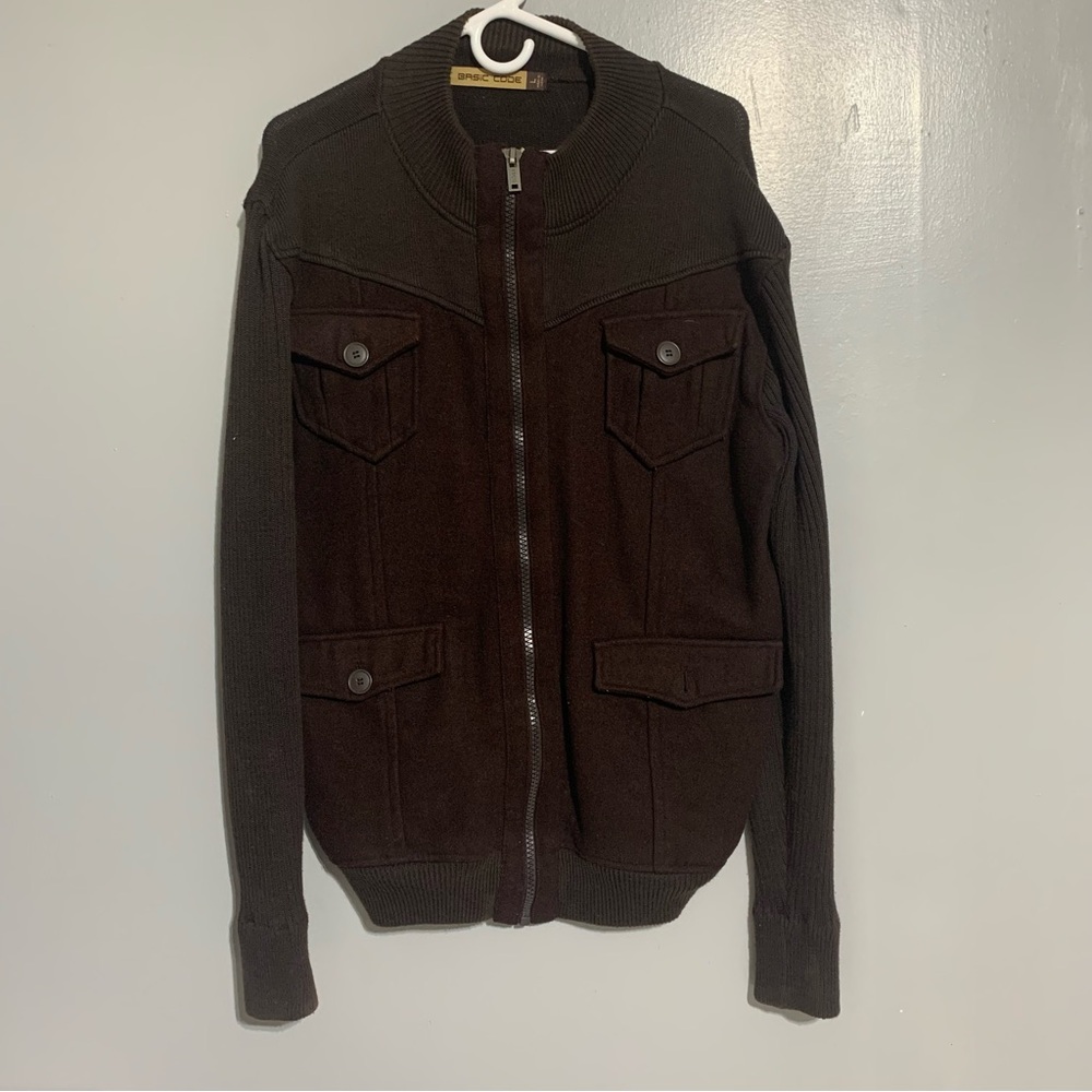 Basic Code Mens Sweater Jacket‎ Brown Full Zíper Size L